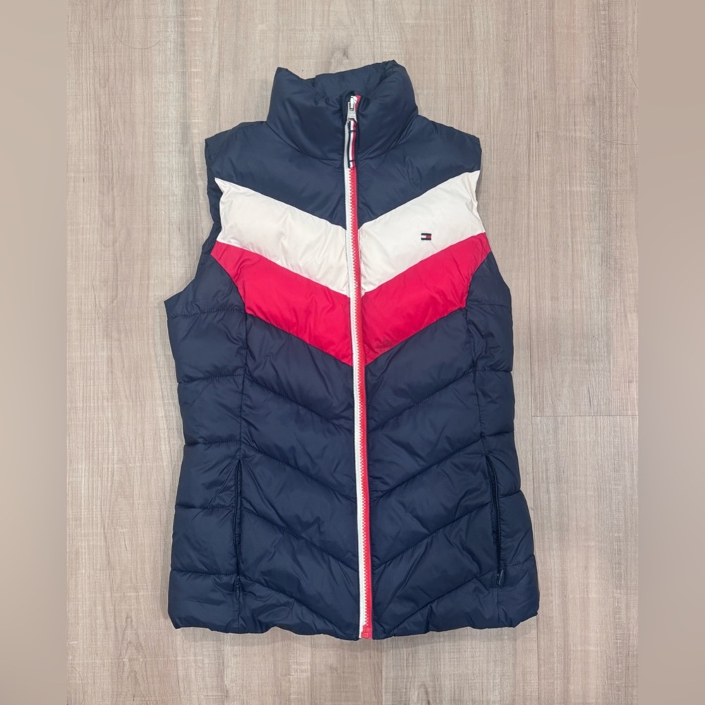 Y2K Tommy Hilfiger Colorblock Chevron Puffer Vest XXS Red White Blue Preppy